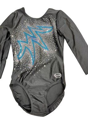Ozone Long Sleeve Black Gymnastics Leotard Blue & Silver Sparkly Details AS